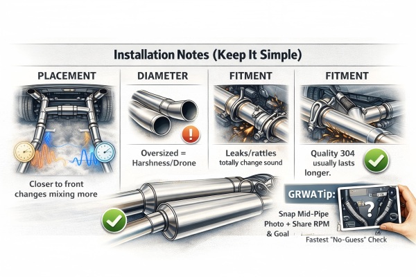 X-Pipe vs H-Pipe vs Y-Pipe installation notes infographic