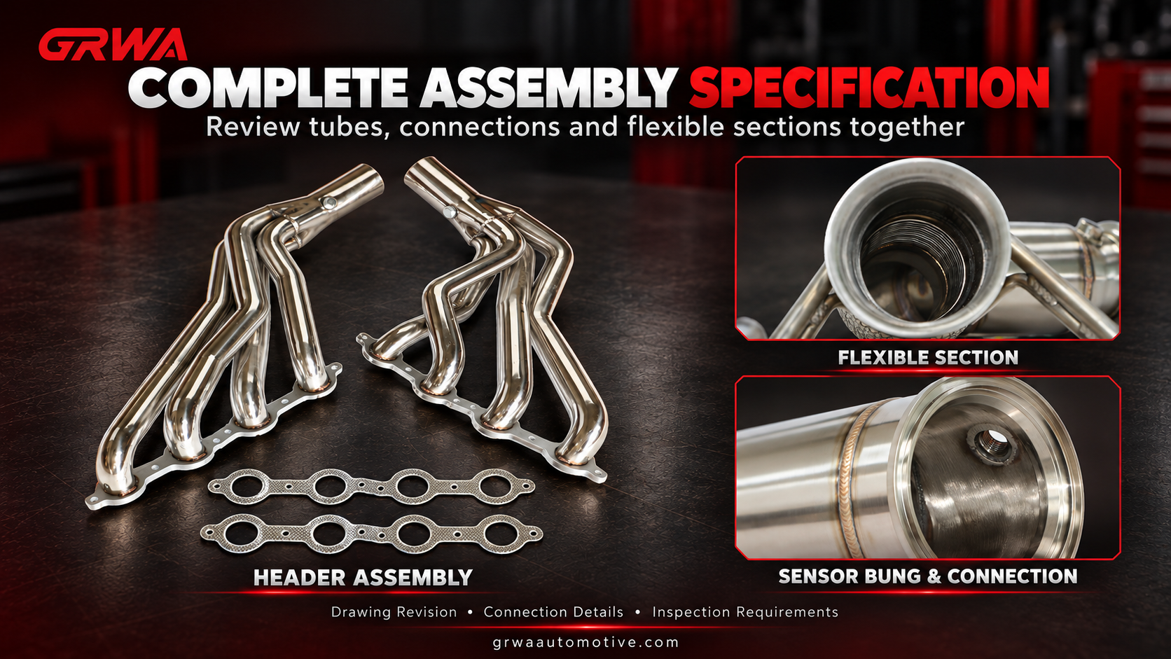 Long tube exhaust headers and gaskets with close-ups of a flexible exhaust pipe liner and a sensor bung connection. 排气管总成与连接细节-4