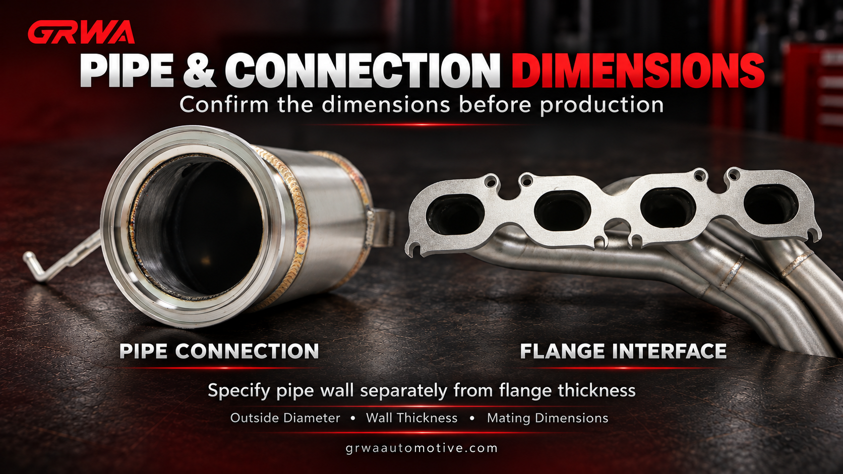 Exhaust pipe connection and four-port header flange showing mating interfaces for exhaust tubing specification. 排气管与法兰尺寸指南-2
