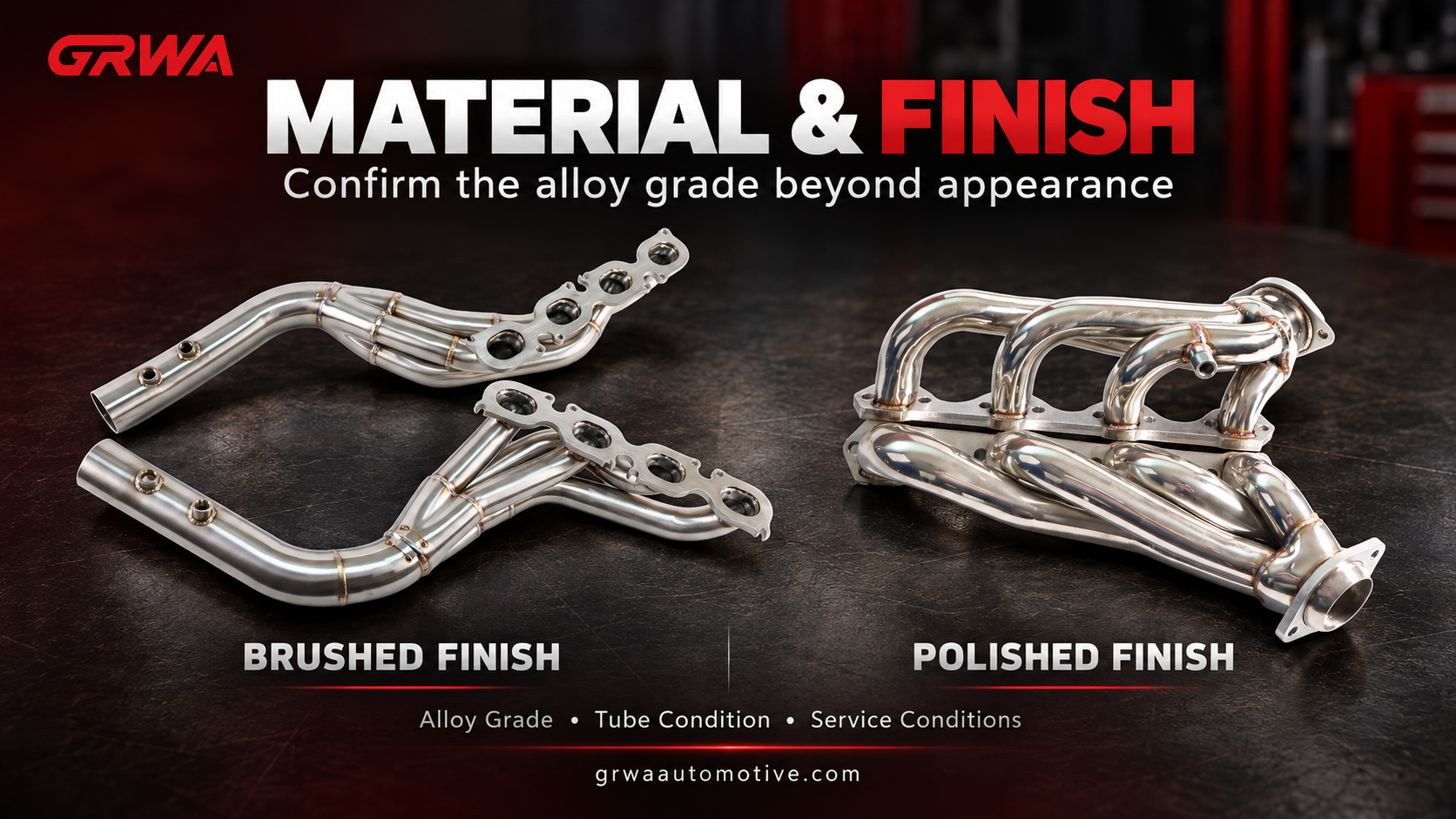 Brushed and polished stainless steel exhaust headers showing different surface finishes for OEM exhaust fabrication. 拉丝与抛光排气歧管-1