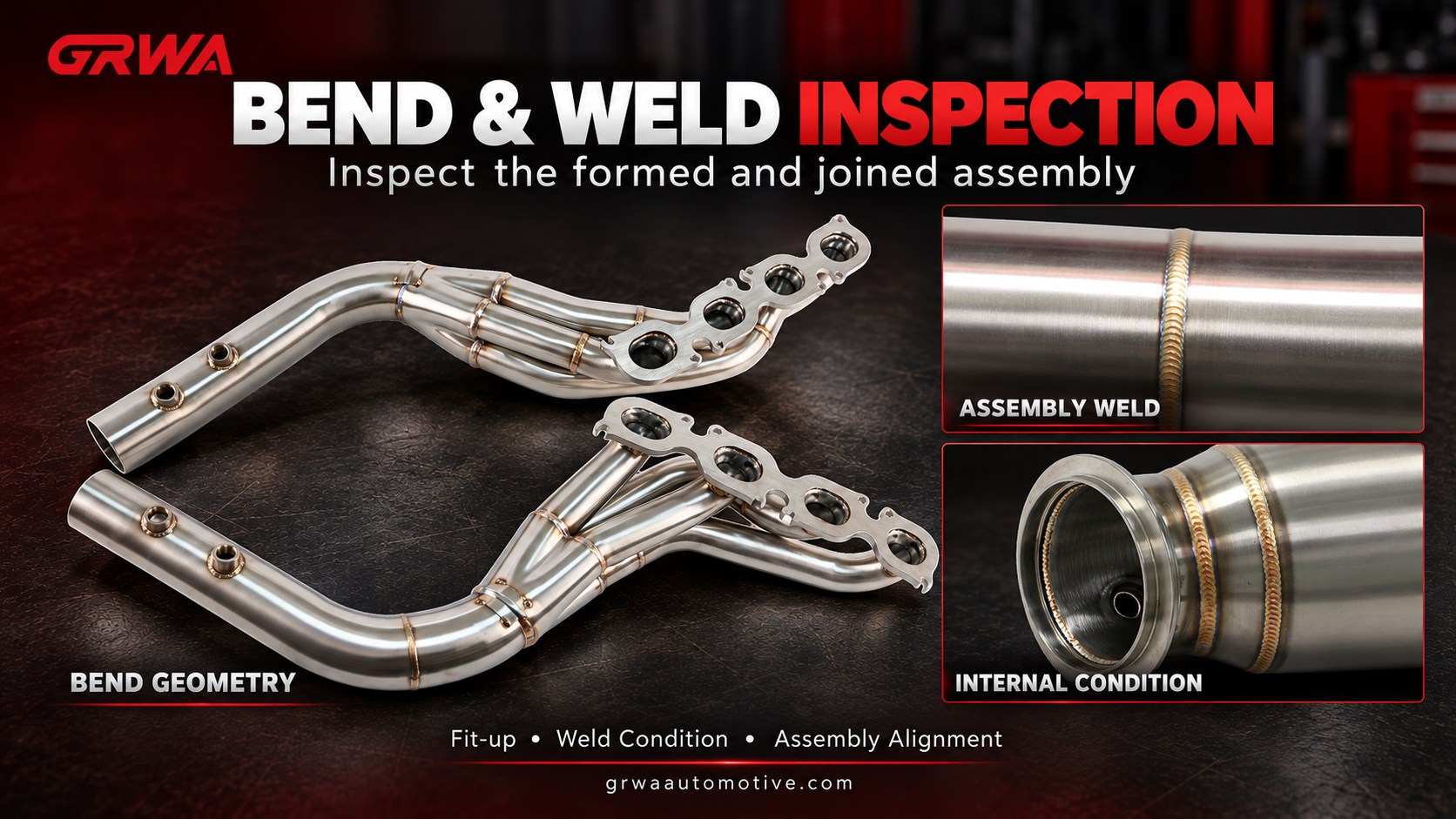 Exhaust header bends with close-ups of a circumferential assembly weld and the internal pipe connection. 排气管弯曲与焊缝检验-3