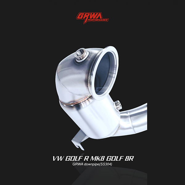 Mandrel-bent mk8 golf r downpipe providing enhanced airflow, supporting higher horsepower and improved exhaust tone.