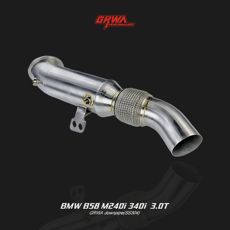 High-performance stainless BMW B58 M240i downpipe enhances turbo response, exhaust tone, and M Performance power.