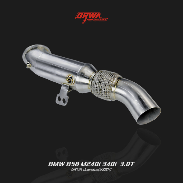 High-performance stainless BMW B58 M240i downpipe enhances turbo response, exhaust tone, and M Performance power.