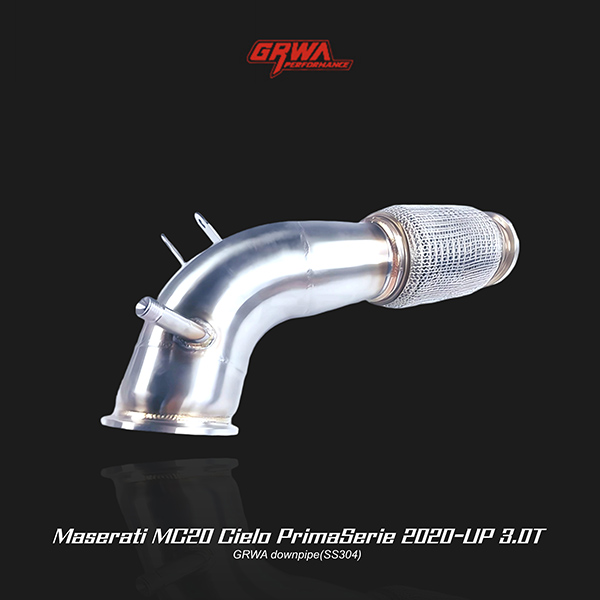 Precision Maserati MC20 downpipe enhances turbo spool, power, and MC20 Cielo PrimaSerie exhaust tone.