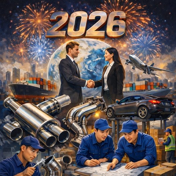 GRWA Automotive 2026 New Year message: trusted cooperation, stable quality, on-time delivery, and exhaust & intake support.