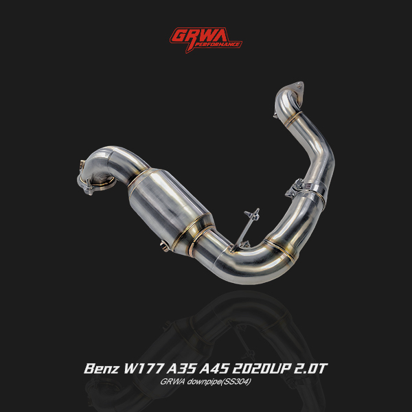 .High-performance stainless steel downpipe for Mercedes W177 A35 and A45 AMG 2.0T, improving exhaust flow, turbo response