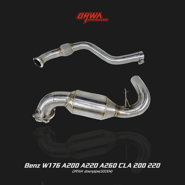 High-flow stainless downpipe for Mercedes Benz W176 A200 & CLA 200, improving turbo efficiency and exhaust flow.
