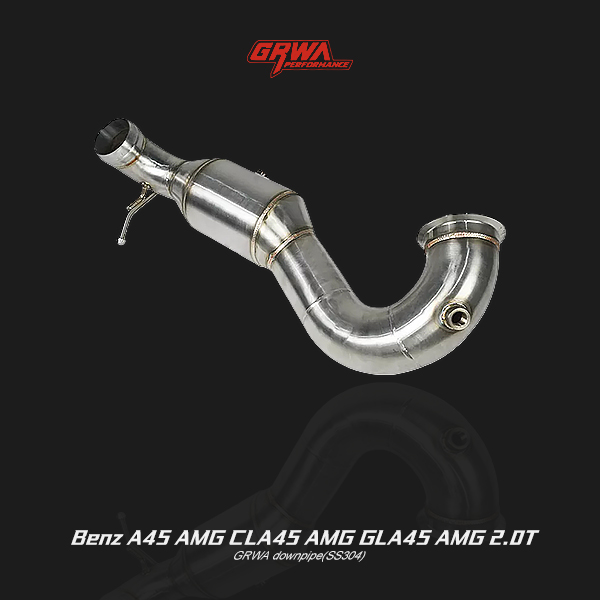 Stainless steel CLA45 AMG downpipe improves Mercedes exhaust sound and enhances turbo response on 2.0T engines.