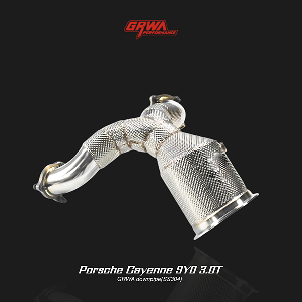 Stainless downpipe enhances airflow and power for Porsche Cayenne exhaust system and 3.0T engine performance.
