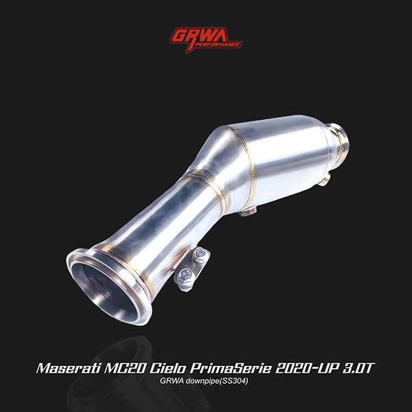 Stainless steel Maserati MC20 Cielo PrimaSerie 3.0T downpipe optimizes turbo efficiency and exhaust sound.