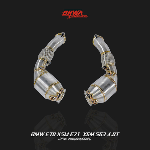 High-flow stainless BMW X5 E70 S63 downpipe improves exhaust flow and power for BMW X5M exhaust system upgrade.