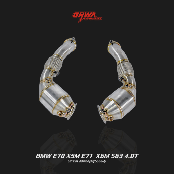 High-flow stainless BMW X5 E70 S63 downpipe improves exhaust flow and power for BMW X5M exhaust system upgrade.