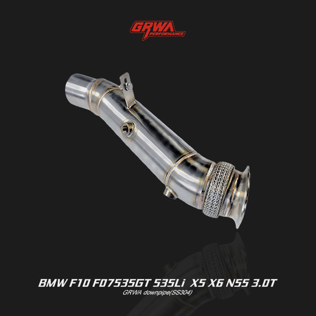 High-flow BMW F10 535GT N55 stainless downpipe enhances exhaust flow and turbo performance.
