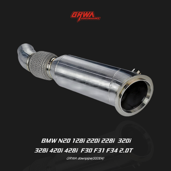 Stainless steel BMW N20 downpipe for F30 F31 F34 enhances power, torque, and exhaust tone.