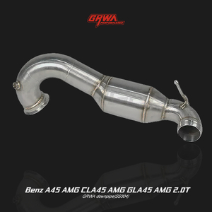High-performance 2015 Mercedes GLA45 AMG exhaust pipe and downpipe upgrade for improved turbo flow and AMG exhaust sound.