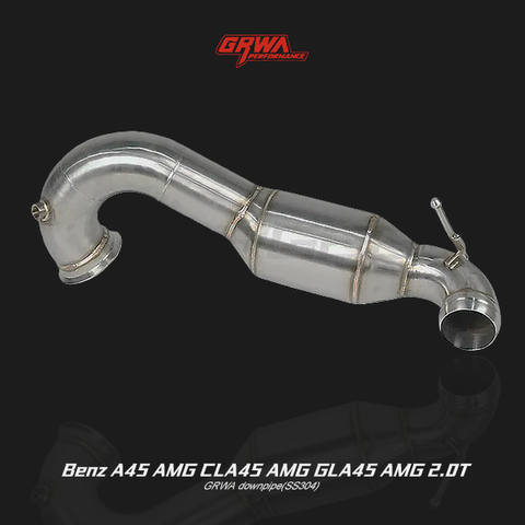 High-performance 2015 Mercedes GLA45 AMG exhaust pipe and downpipe upgrade for improved turbo flow and AMG exhaust sound.