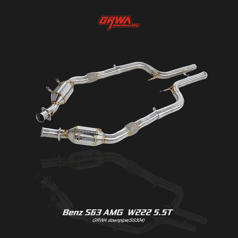 High-flow stainless exhaust downpipe for Mercedes Benz S63 AMG W222 5.5T, improving turbo efficiency and airflow.