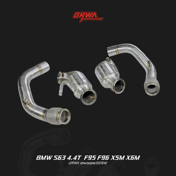 BMW F96 X6M S63 4.4T stainless steel downpipe reduces turbo lag and enhances exhaust performance and response.