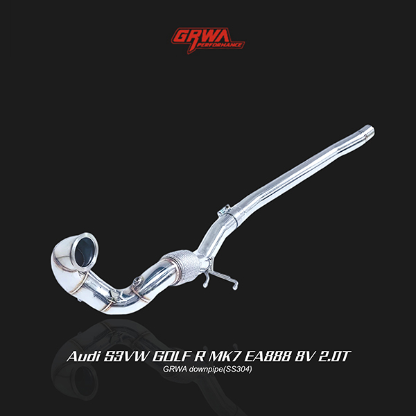 Performance downpipe engineered for Audi S3 8V and VW Golf R MK7 2.0T, boosting exhaust flow and throttle response