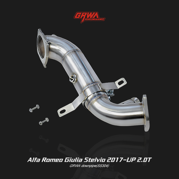  High-flow T304 stainless steel downpipe designed for Alfa Romeo Giulia and Stelvio 2.0T engines