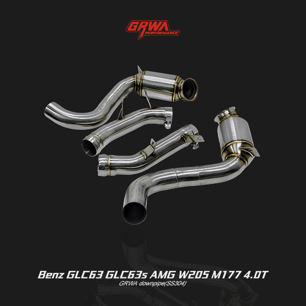 Premium AMG GLC63S exhaust system downpipe for Mercedes W205 4.0T, improving flow, sound, and performance.