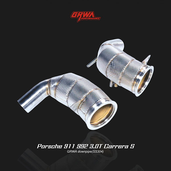 High-flow downpipe for Porsche 911 992 Carrera S improves airflow and supports 992 exhaust upgrades.