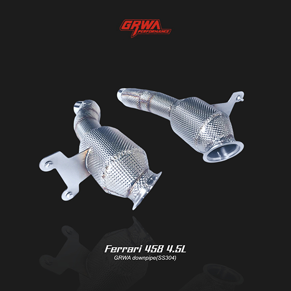 High-performance Ferrari 458 aftermarket exhaust downpipe improves turbo response and deep exhaust tone.
