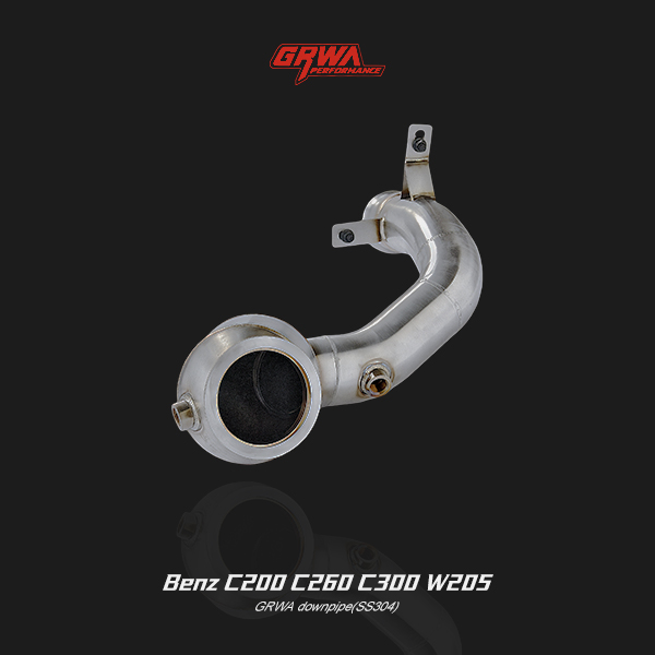 Mercedes-Benz W205 exhaust downpipe for C200, C260, and C300 2.0T models. Boosts exhaust flow, reduces backpressure