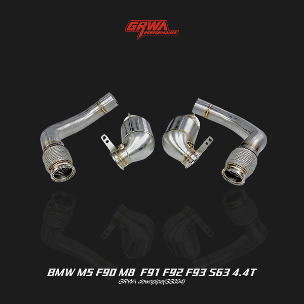 BMW M5 downpipes designed for the F90 S63 engine boost exhaust gas flow, reduce turbo lag, and enhance throttle response.