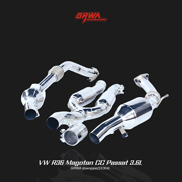 Performance T304 stainless downpipe improving VW Passat and VW CC airflow for Magotan 3.6L turbo upgrades.
