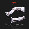 Stainless downpipe designed for porsche panamera exhaust and performance enhancements.