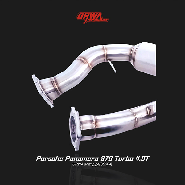 Stainless downpipe designed for porsche panamera exhaust and performance enhancements.
