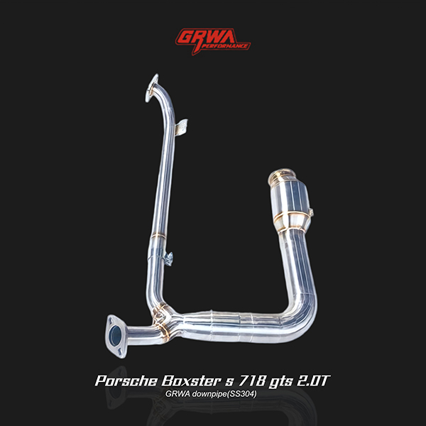 Stainless steel downpipe designed for Porsche Boxster exhaust system and 718 GTS performance tuning.