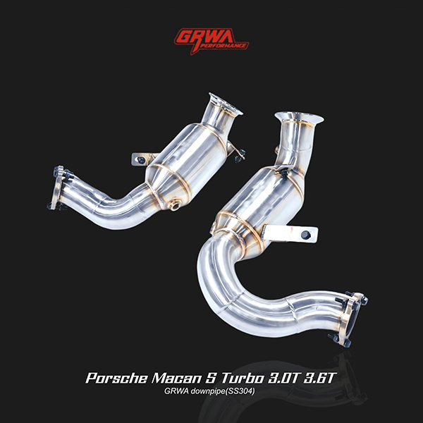 Stainless steel Porsche Macan S 3.6T downpipe compatible with turbo back exhaust system upgrades.