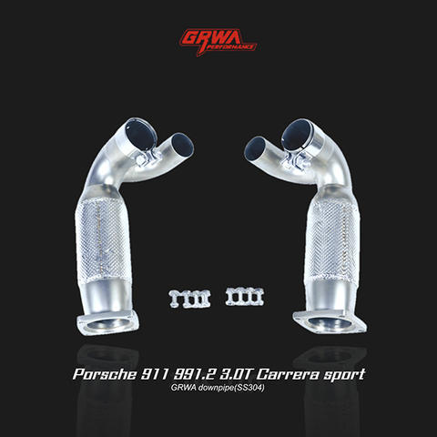High-performance downpipe improving airflow for 991.2 exhaust and Porsche 911 exhaust system tuning.